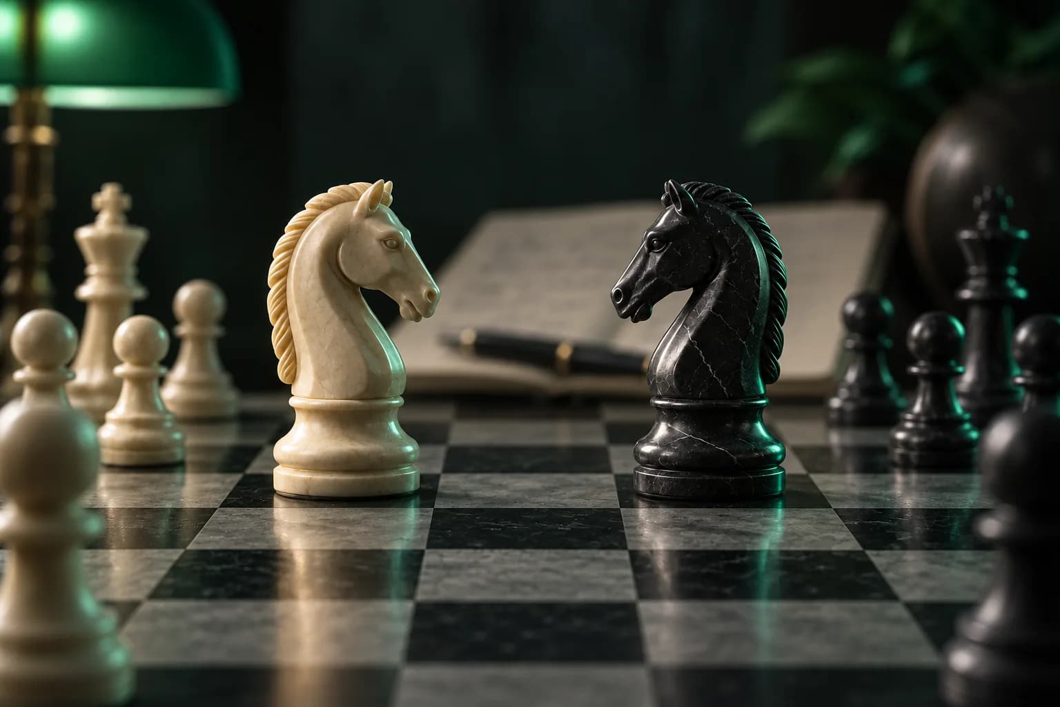 Ivory and charcoal knights facing each other on a chessboard with emerald lighting