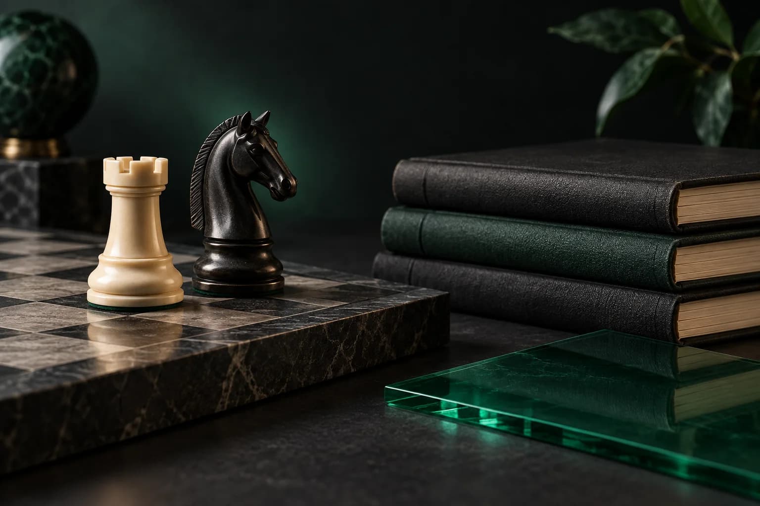 A rook and knight beside stacked archive notebooks and emerald glass on a dark desk