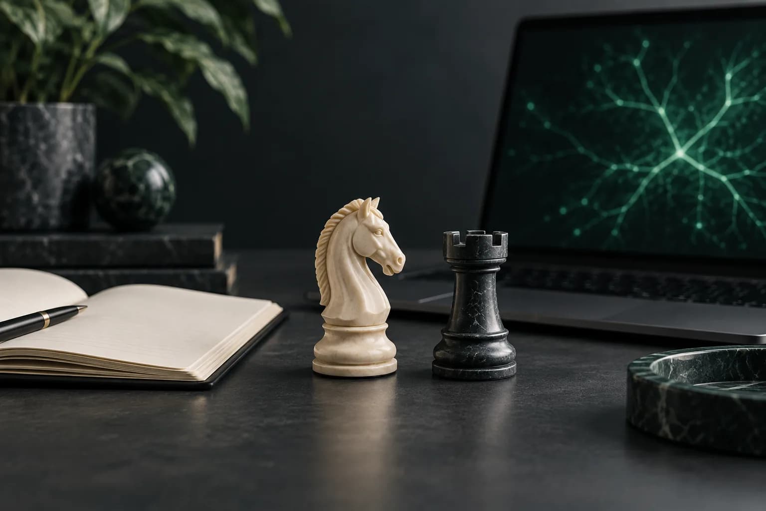 Ivory knight and dark rook beside a study notebook and laptop with branching green lines